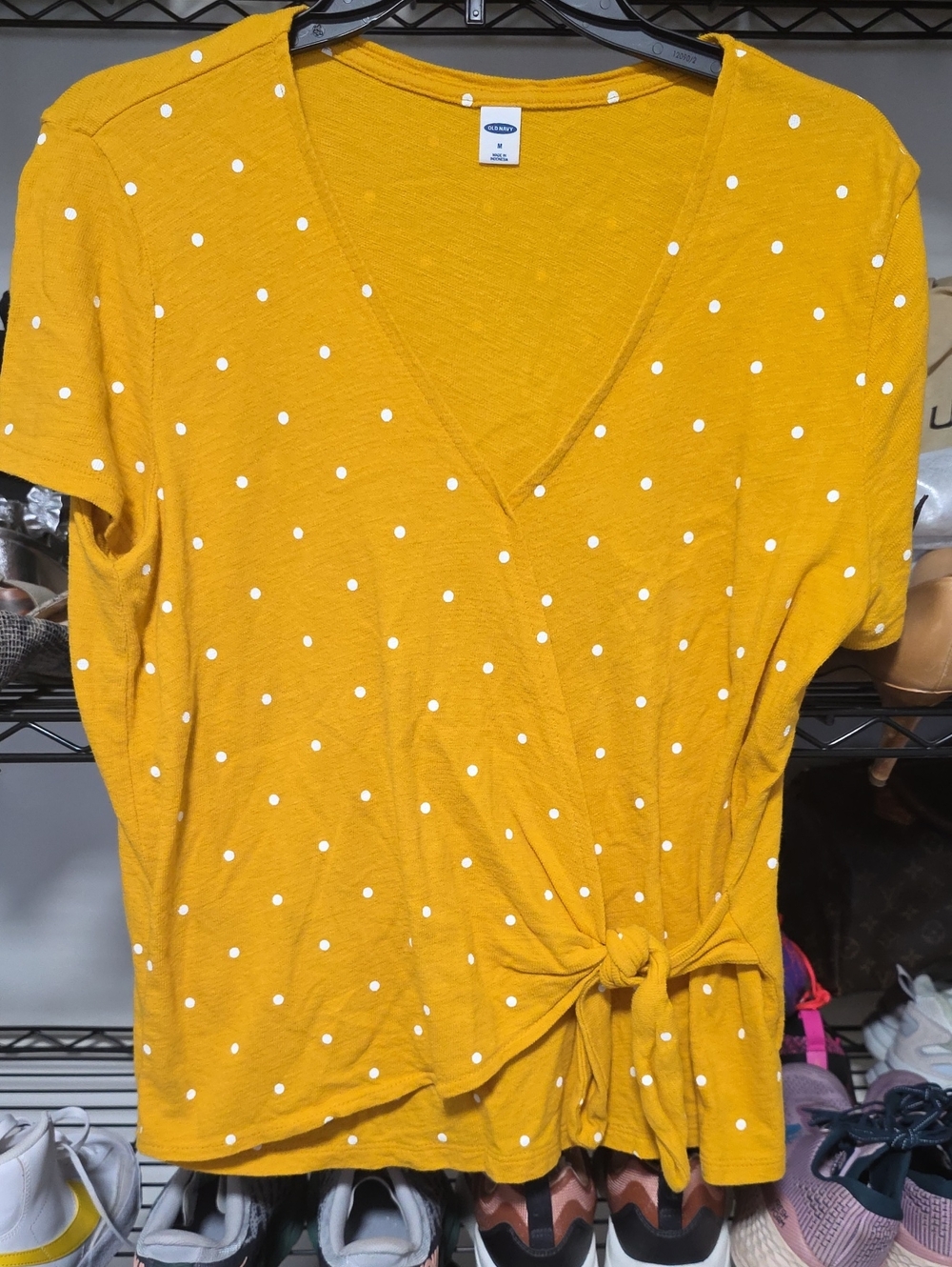 Old Navy Mustard Yellow Polka Dot Tie-Front V-Neck Top